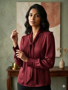 100% Silk Judith and Charles Size 2 Women's Rust Tie-Neck Long Sleeve Blouse